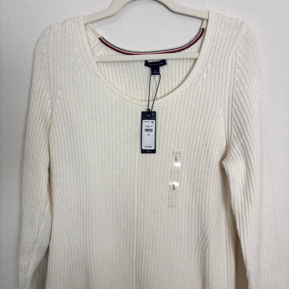 NWT Tommy Hilfiger Ivory Ribbed Knit Sweater Dress Women’s Large Classic Work - Picture 4 of 9